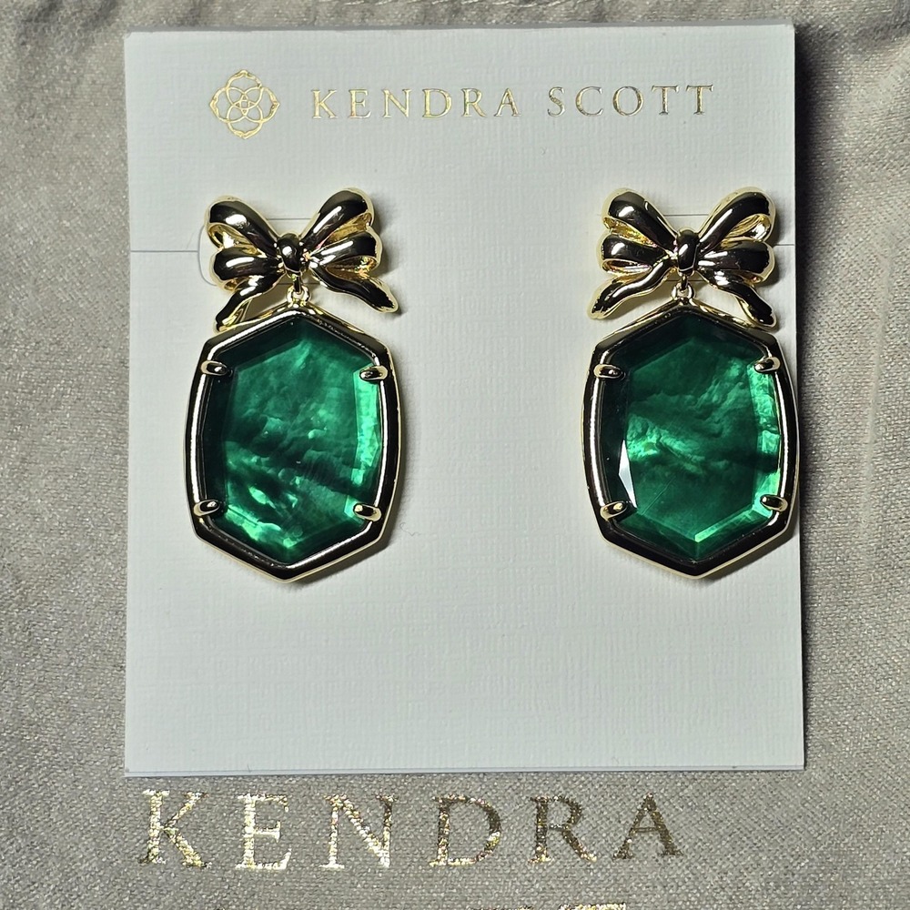 Kendra Scott Daphne Bow Dangle Earrings Emerald Green Stone‎ 14k Gold over Brass